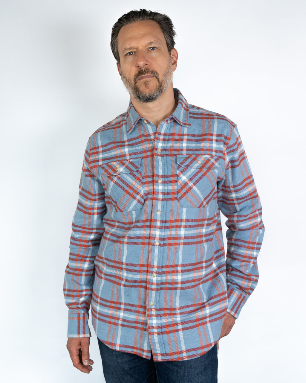 Field Grand Flannel in Frost, 100% Cotton Heavyweight Flannel in Blue and Orange Plaid