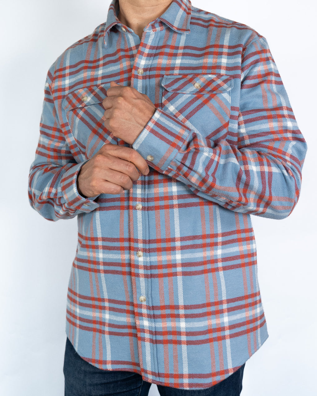 Field Grand Flannel in Frost, 100% Cotton Heavyweight Flannel in Blue and Orange Plaid