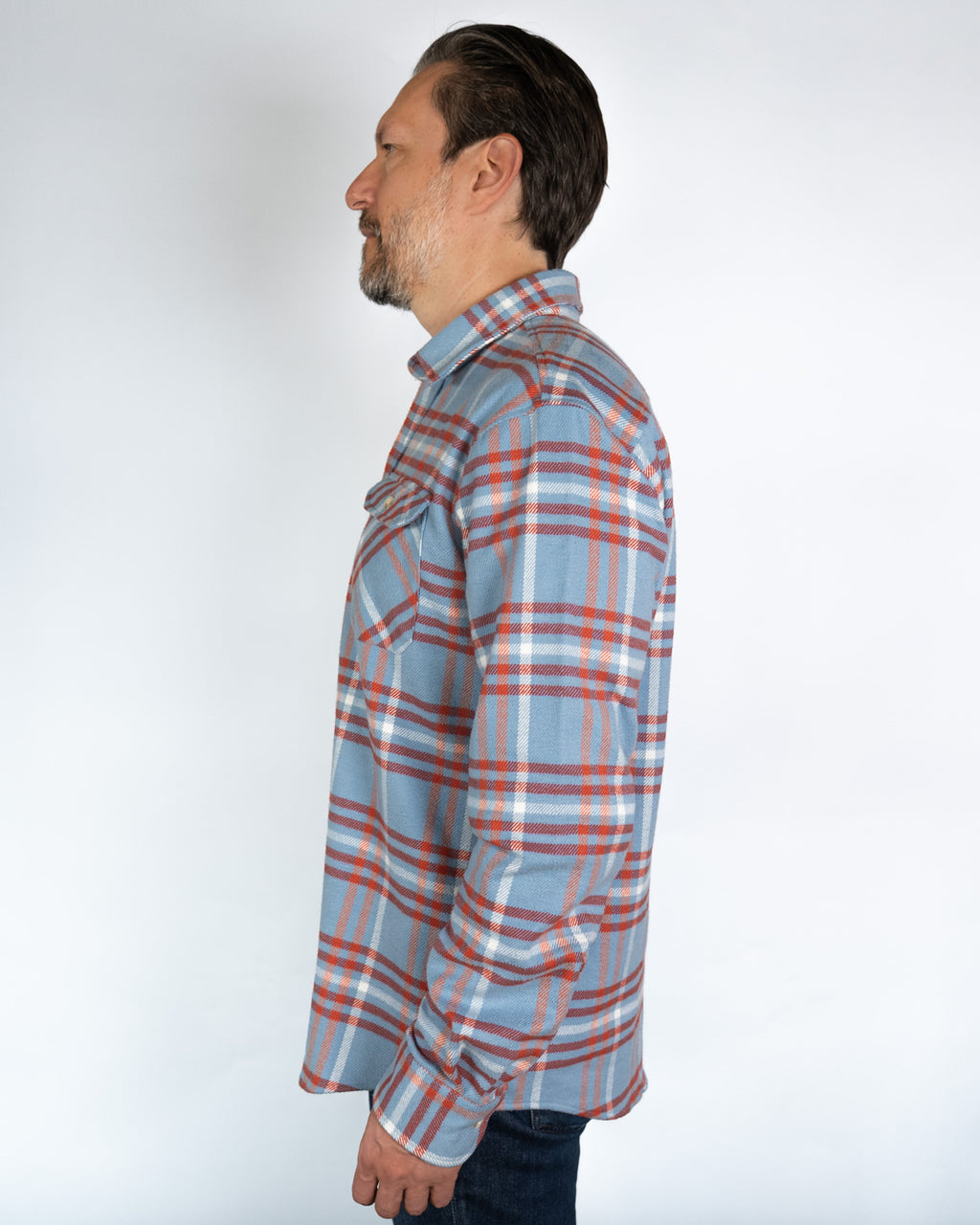 Field Grand Flannel in Frost, 100% Cotton Heavyweight Flannel in Blue and Orange Plaid