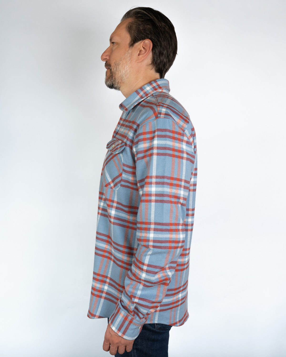 Field Grand Flannel in Frost, 100% Cotton Heavyweight Flannel in Blue and Orange Plaid