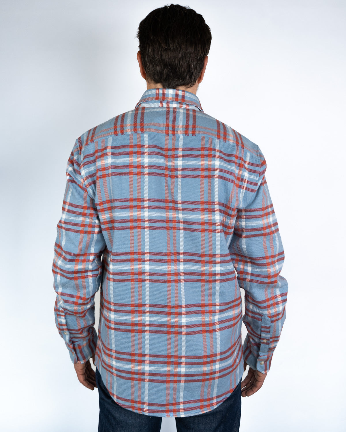 Field Grand Flannel in Frost, 100% Cotton Heavyweight Flannel in Blue and Orange Plaid