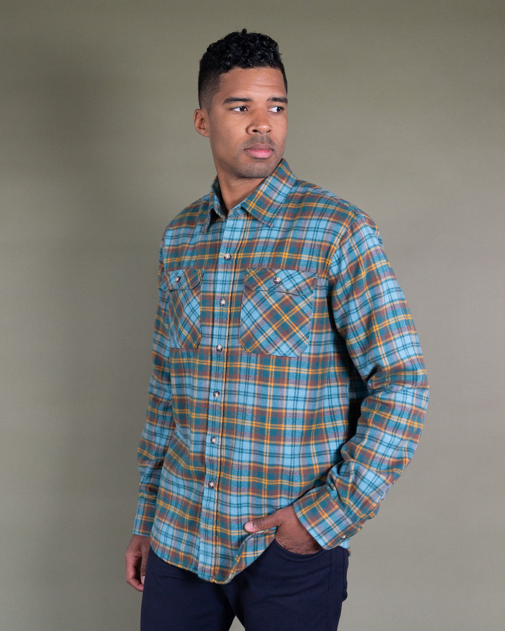  Field Grand Flannel in Sea Green, 100% cotton flannel shirt for men