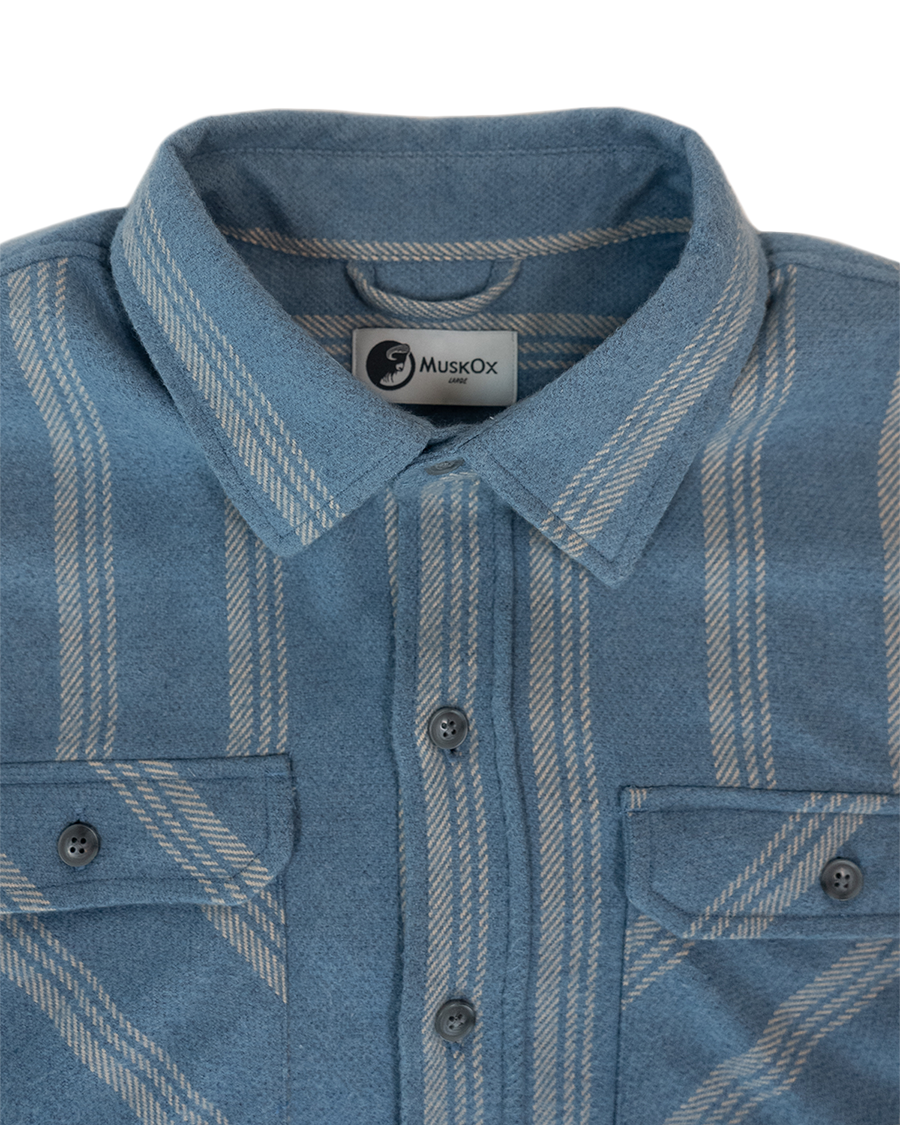 Field Grand Flannel in Sky, 100% Cotton Heavyweight Flannel for Men in Blue with White Stripes