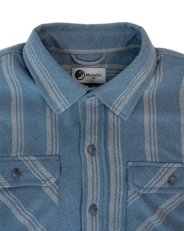 Field Grand Flannel in Sky, 100% Cotton Heavyweight Flannel for Men in Blue with White Stripes