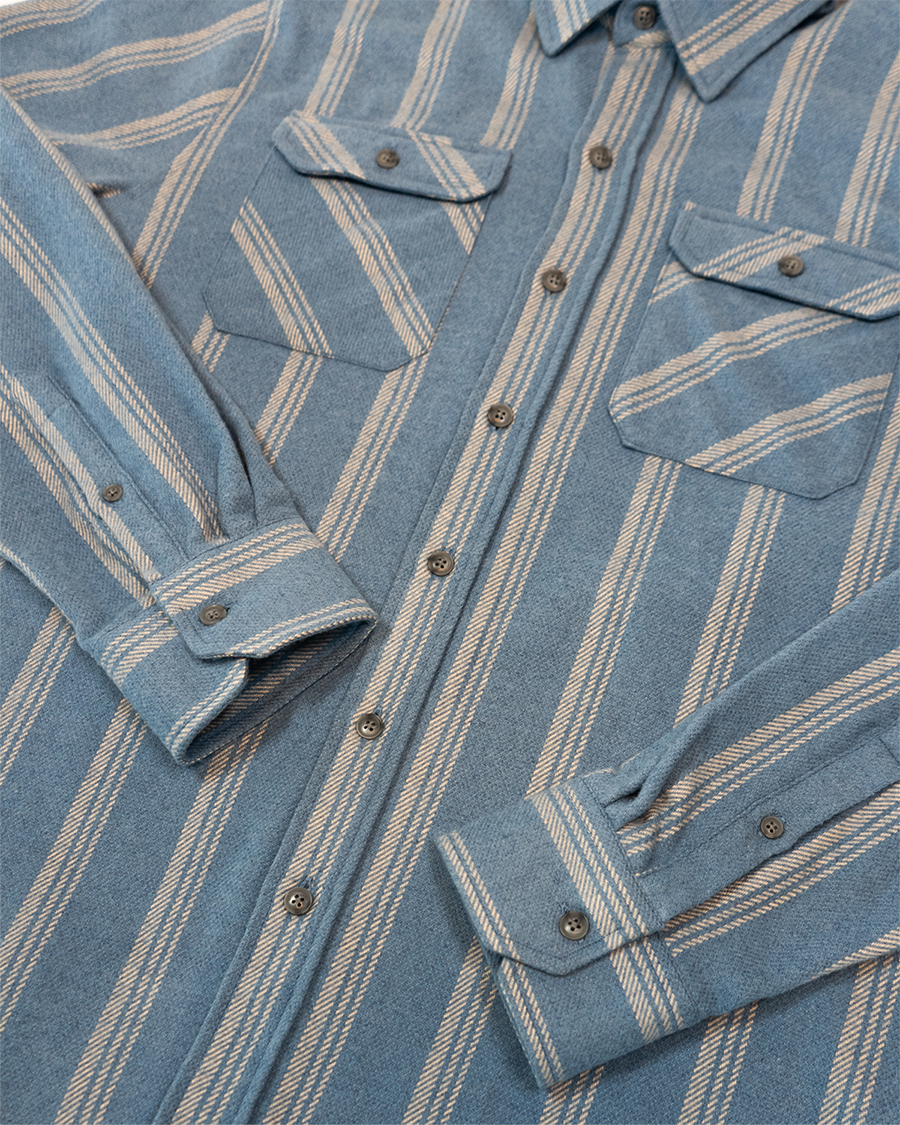 Field Grand Flannel in Sky, 100% Cotton Heavyweight Flannel for Men in Blue with White Stripes