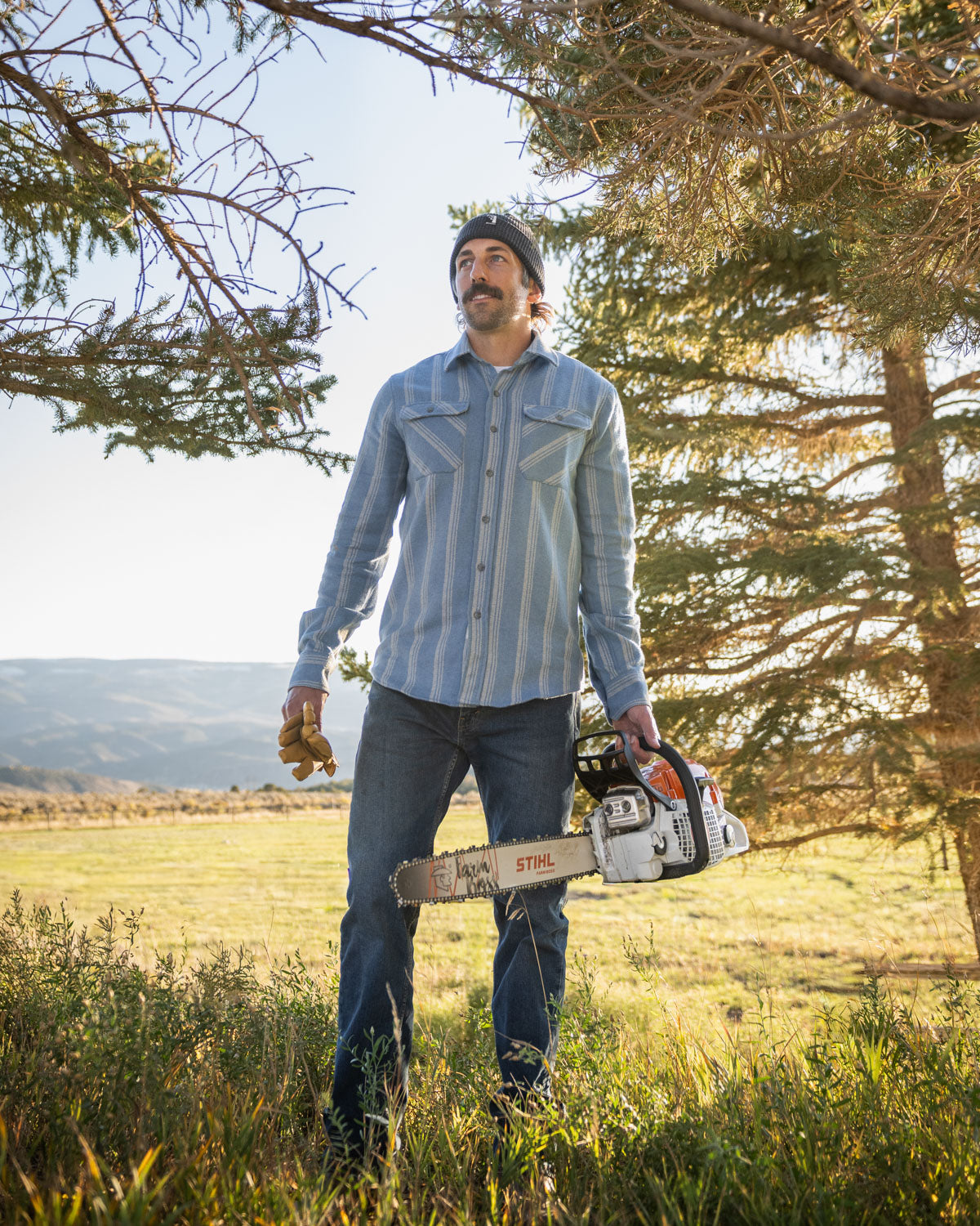 Field Grand Flannel in Sky, 100% Cotton Heavyweight Flannel for Men in Blue with White Stripes