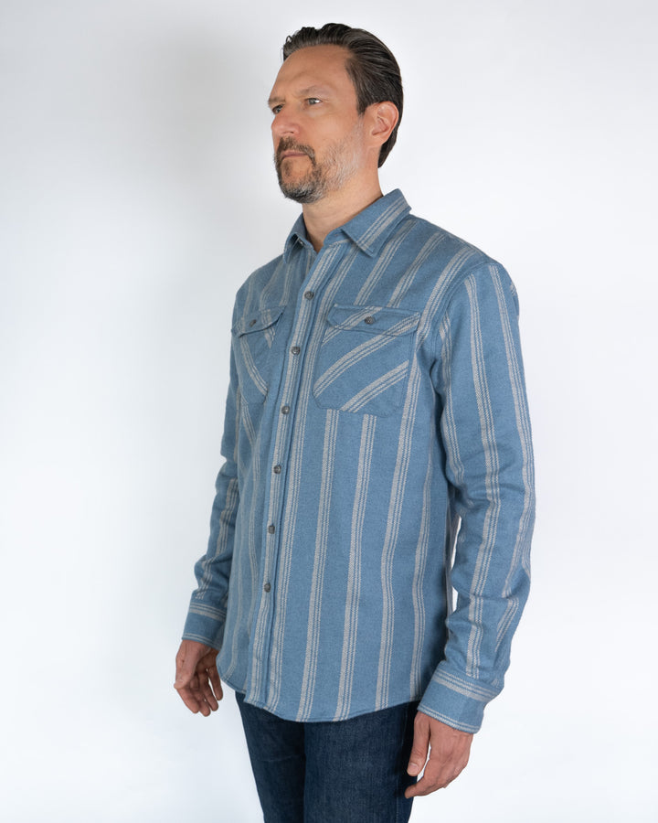 Field Grand Flannel in Sky, 100% Cotton Heavyweight Flannel for Men in Blue with White Stripes