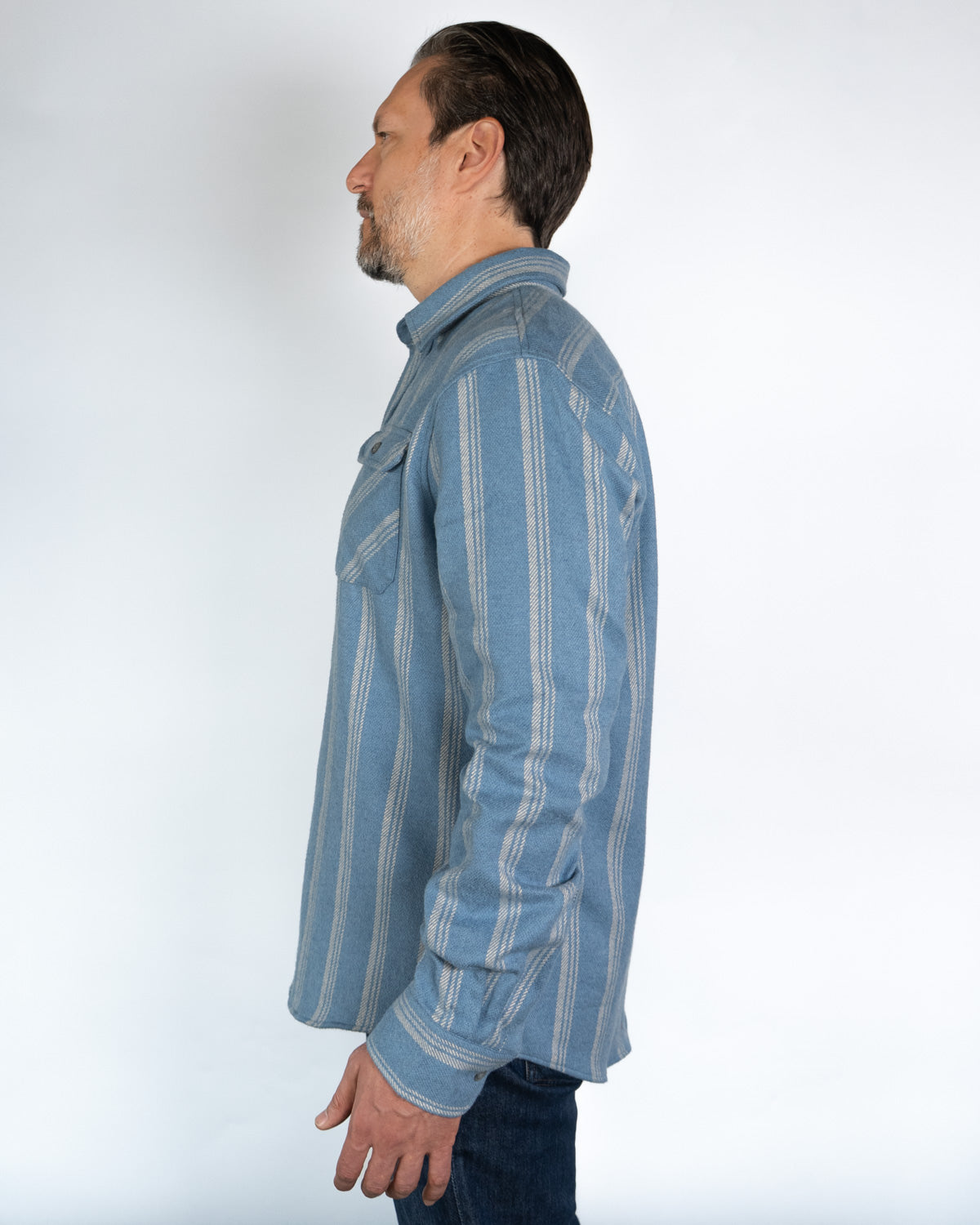 Field Grand Flannel in Sky, 100% Cotton Heavyweight Flannel for Men in Blue with White Stripes