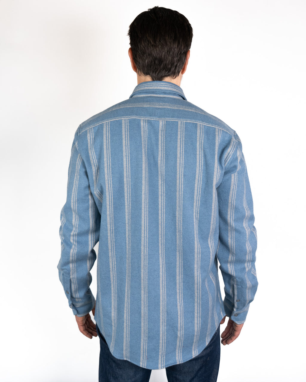 Field Grand Flannel in Sky, 100% Cotton Heavyweight Flannel for Men in Blue with White Stripes