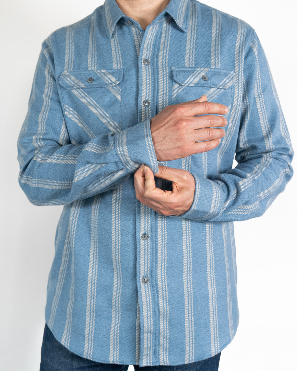 Field Grand Flannel in Sky, 100% Cotton Heavyweight Flannel for Men in Blue with White Stripes
