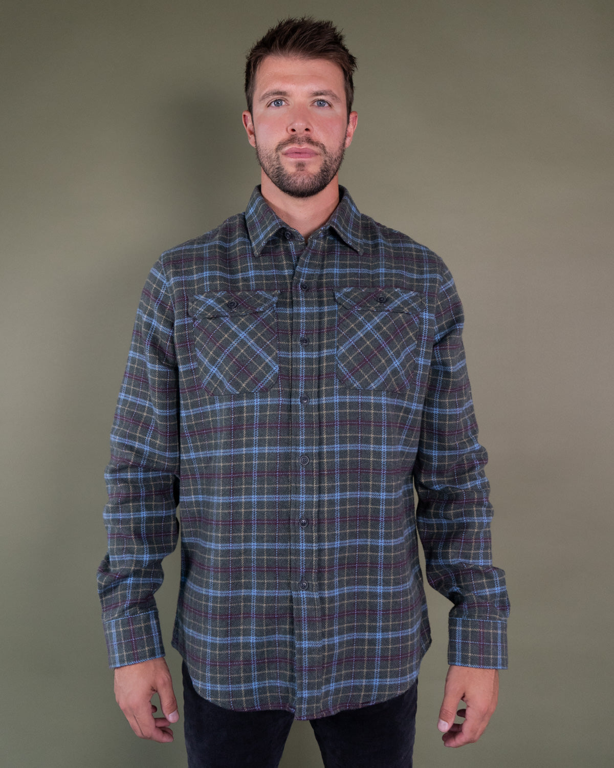 Men's Heavyweight Cotton Flannel in Green, Burgundy, Blue, and Yellow Plaid