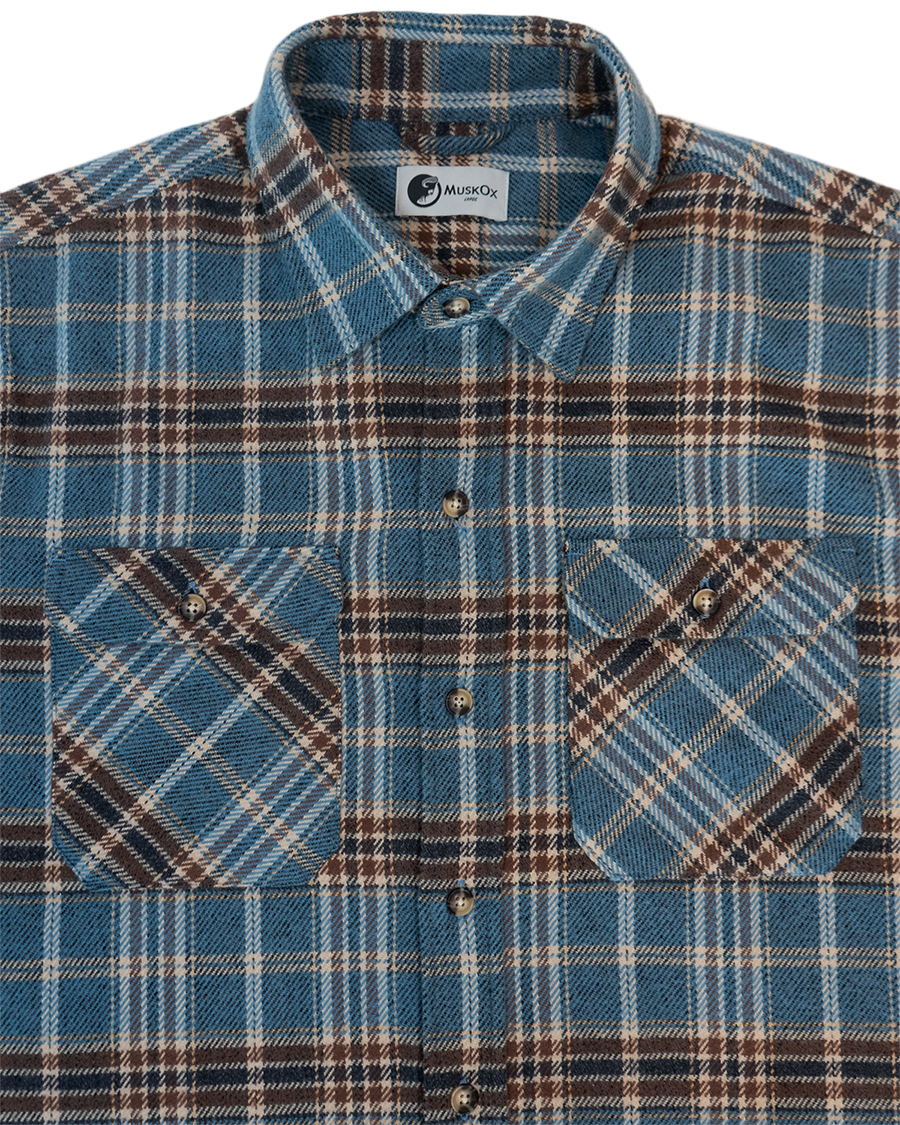 Field Grand Flannel in Steel Blue Plaid, 100% Cotton Heavyweight Flannel