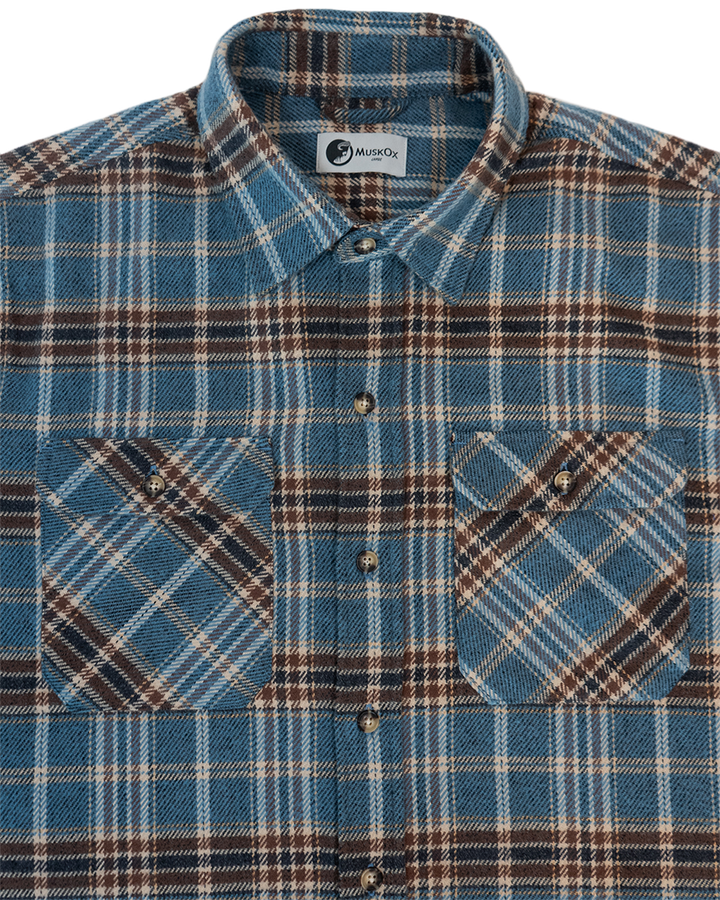 Field Grand Flannel in Steel Blue Plaid, 100% Cotton Heavyweight Flannel