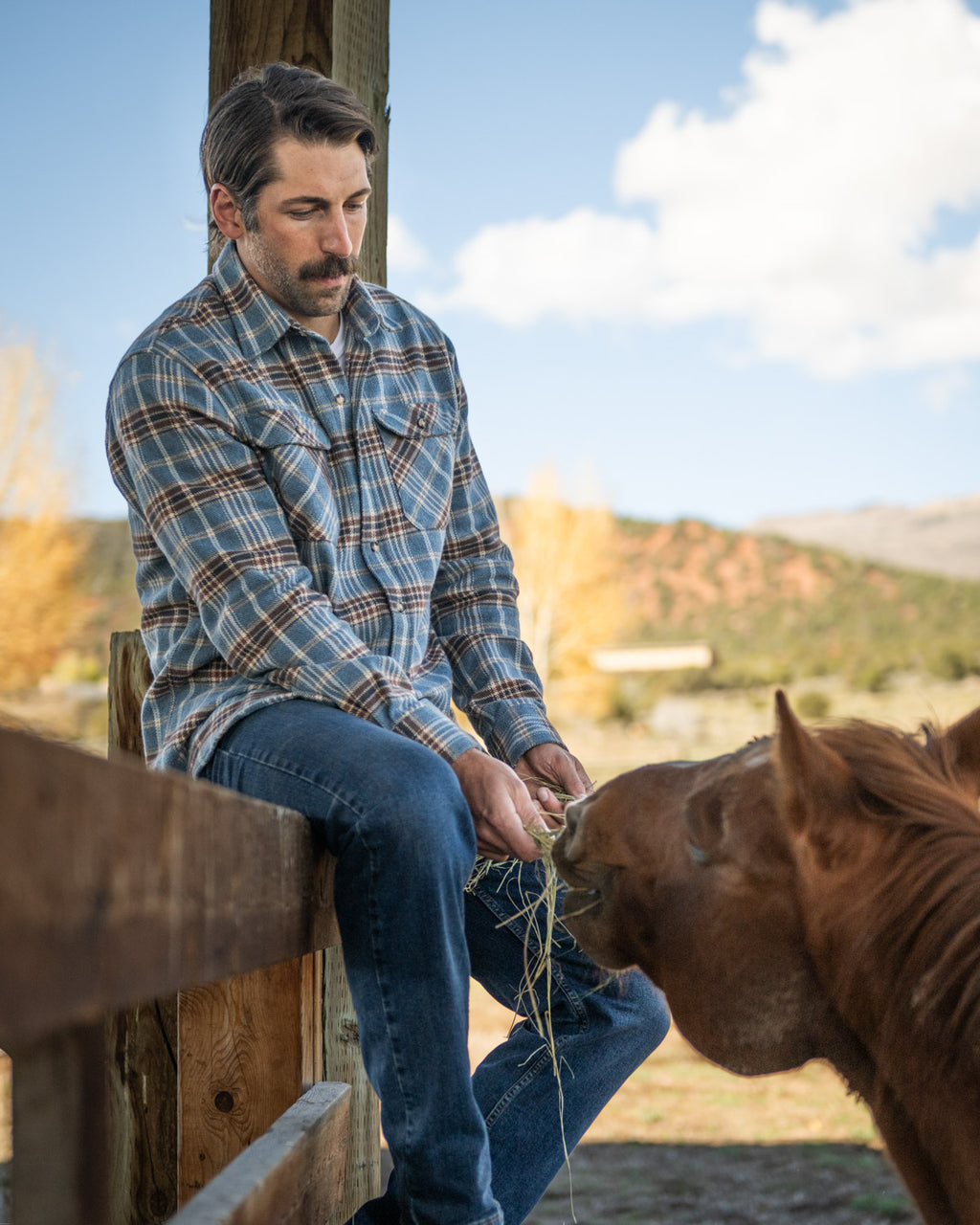 Field Grand Flannel in Steel Blue Plaid, 100% Cotton Heavyweight Flannel