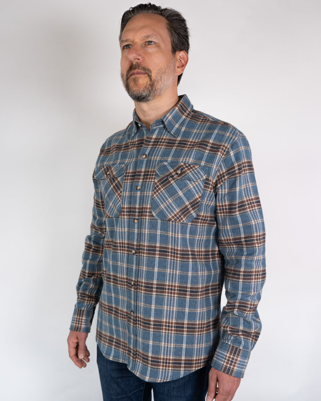 Field Grand Flannel in Steel Blue Plaid, 100% Cotton Heavyweight Flannel