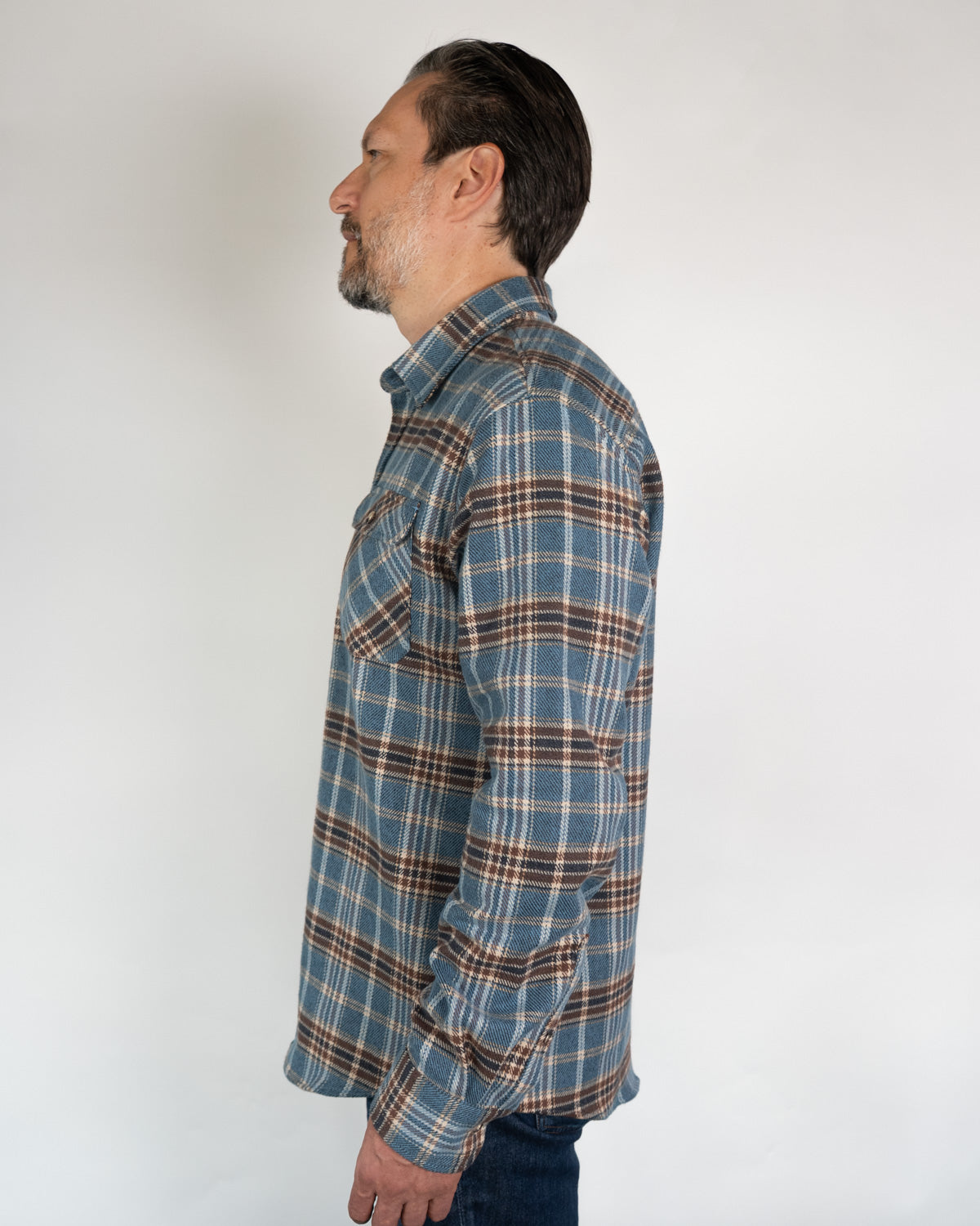 Field Grand Flannel in Steel Blue Plaid, 100% Cotton Heavyweight Flannel
