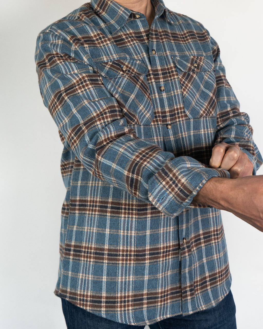 Field Grand Flannel in Steel Blue Plaid, 100% Cotton Heavyweight Flannel