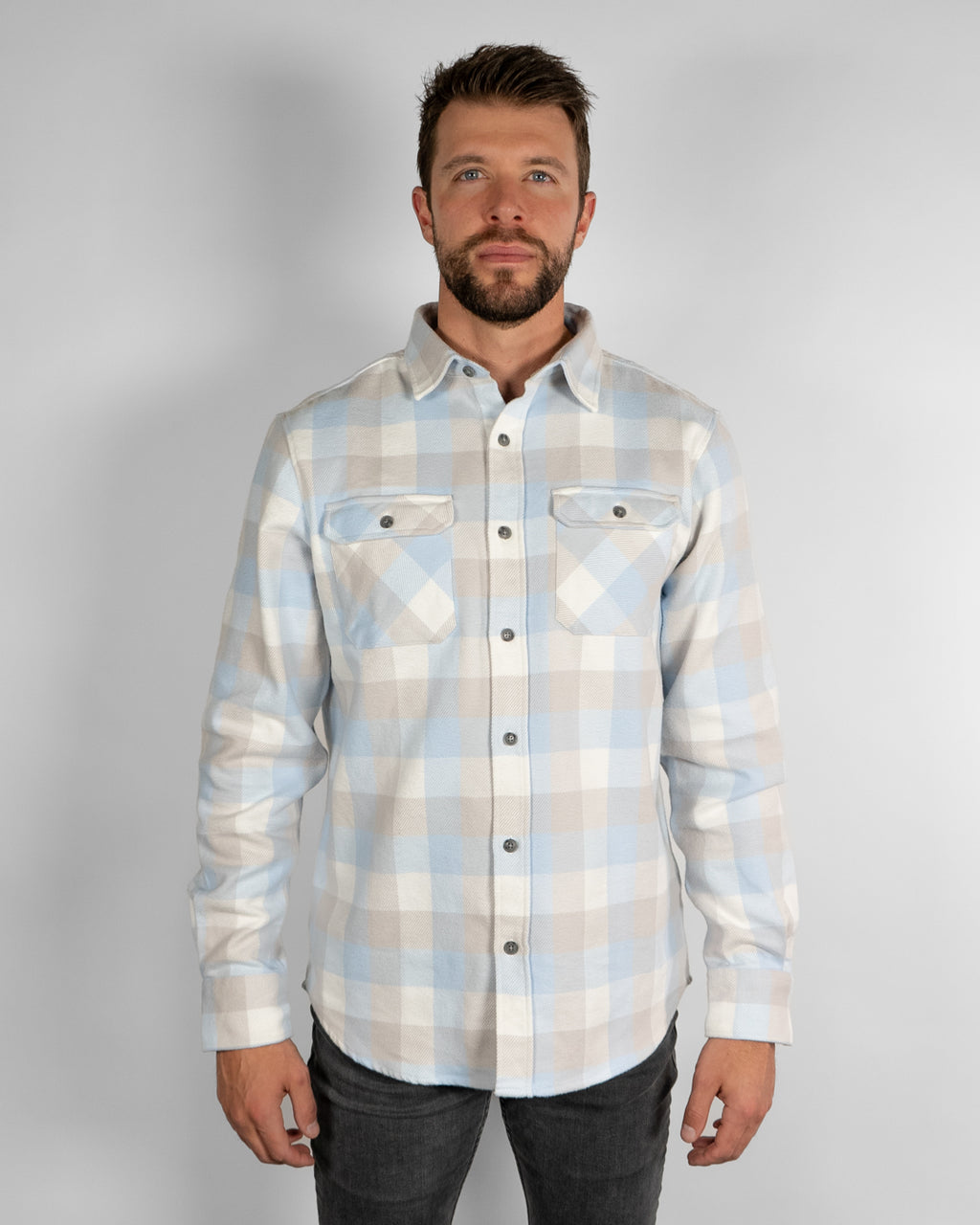 Field Grand Flannel in Blue Gingham Plaid, 100% Cotton Flannel for Men