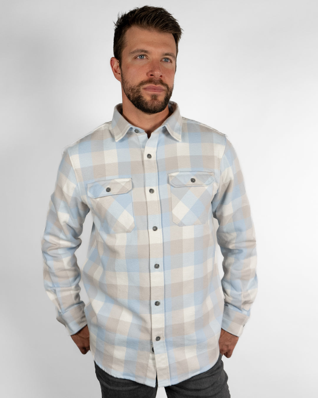 Field Grand Flannel in Blue Gingham Plaid, 100% Cotton Flannel for Men