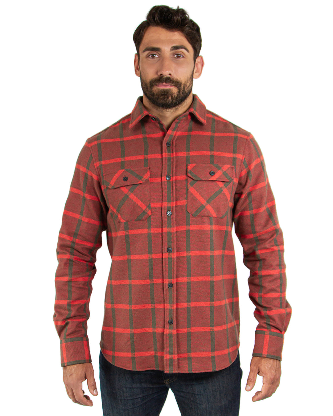 Field Grand Flannel in Red and Green, 100% Cotton Flannel Shirt for Men by MuskOx