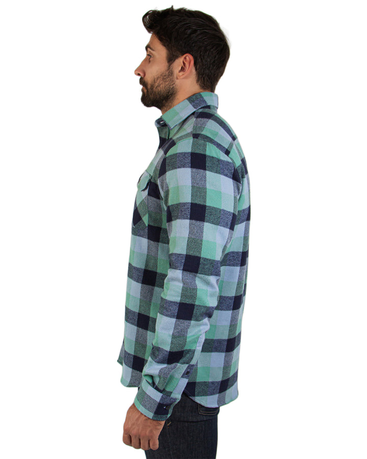 Field Grand Flannel in Fern Green and Blue, 100% Cotton Flannel Shirt for Men by MuskOx