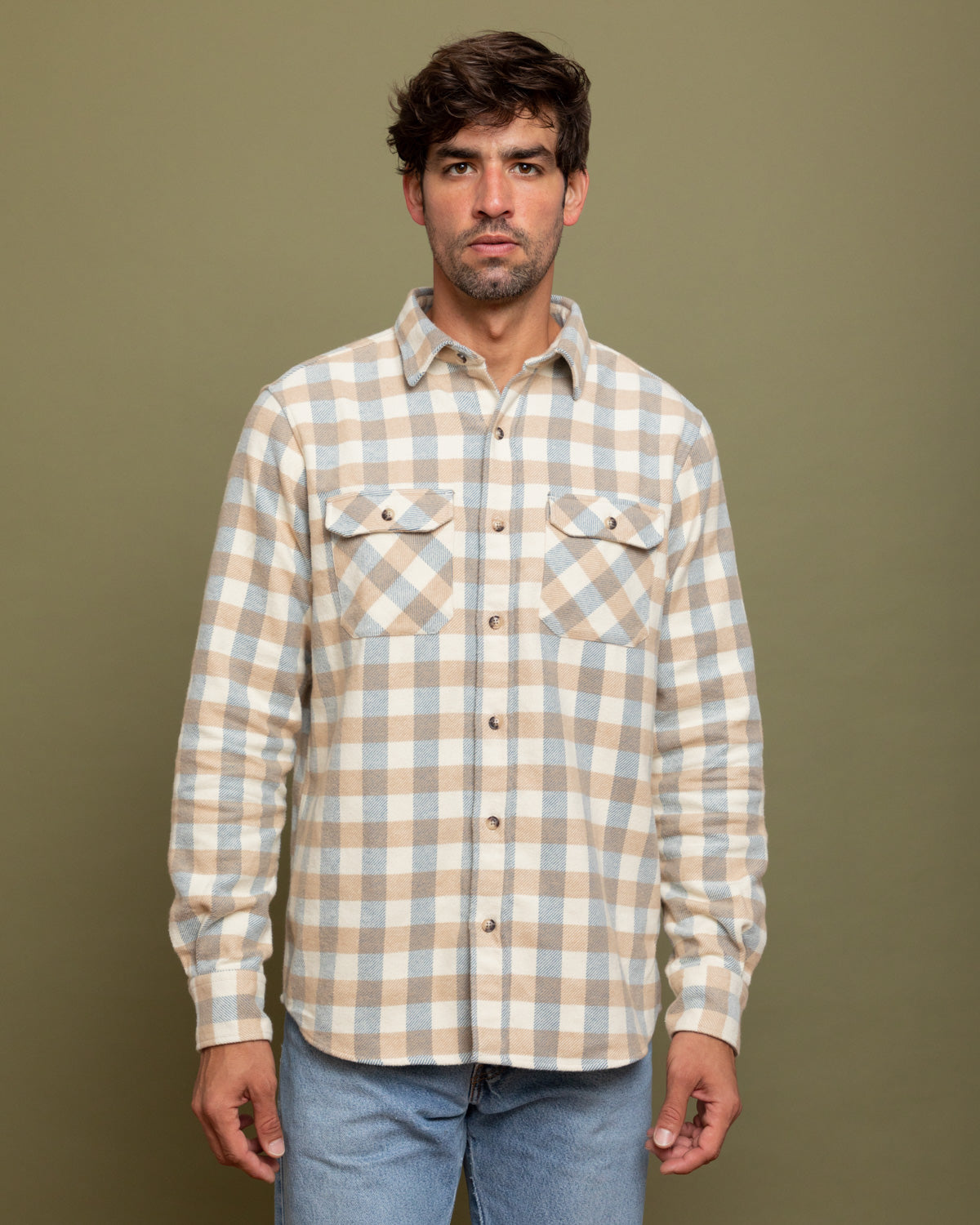 Soft Flannel Shirt for Men, Grand Flannel in Beige and Navy Plaid