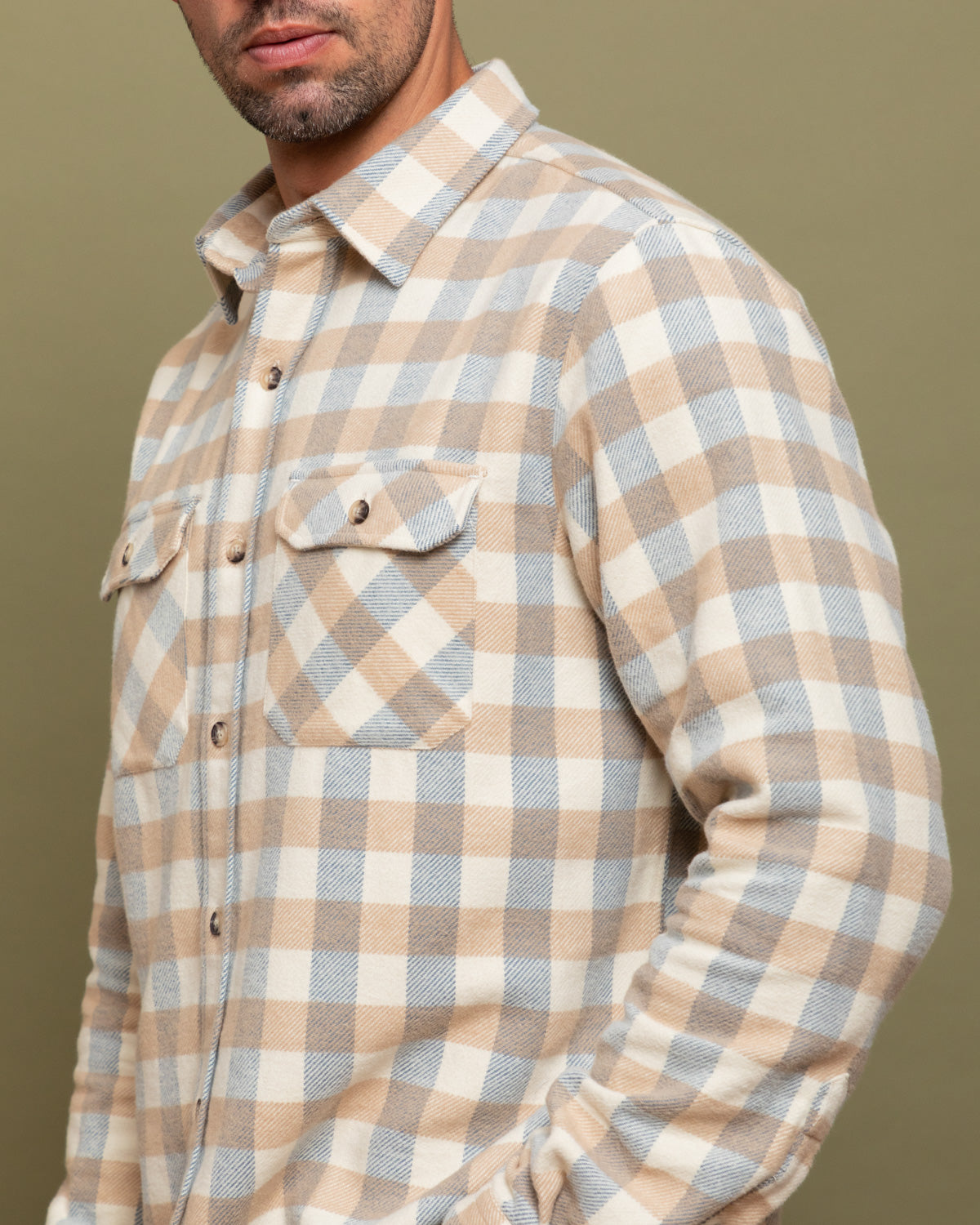 Soft Flannel Shirt for Men, Grand Flannel in Beige and Navy Plaid