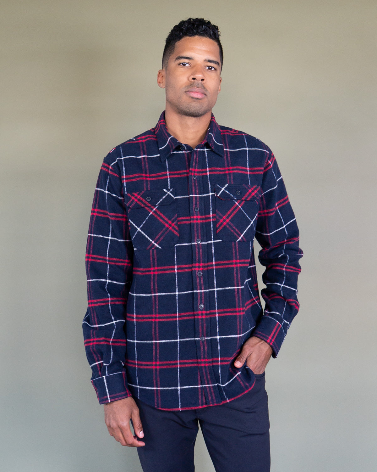 Grand Flannel in Marine Blue Plaid, 100% Cotton Flannel Shirt for Men by MuskOx