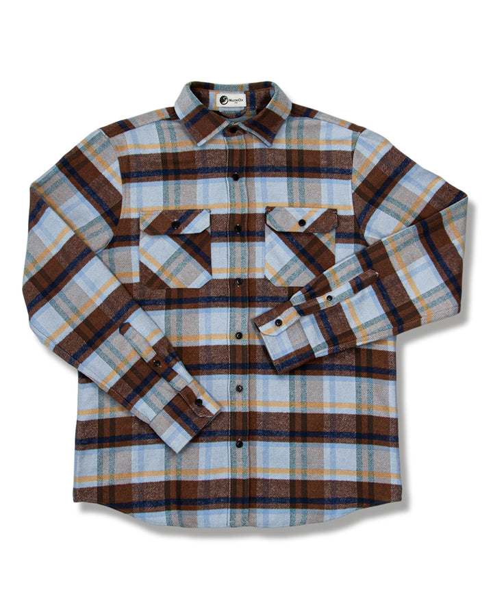 The Grand Flannel in Blue Plaid by MuskOx Flannels, 100% Heavyweight Cotton Flannel Shirt for Men