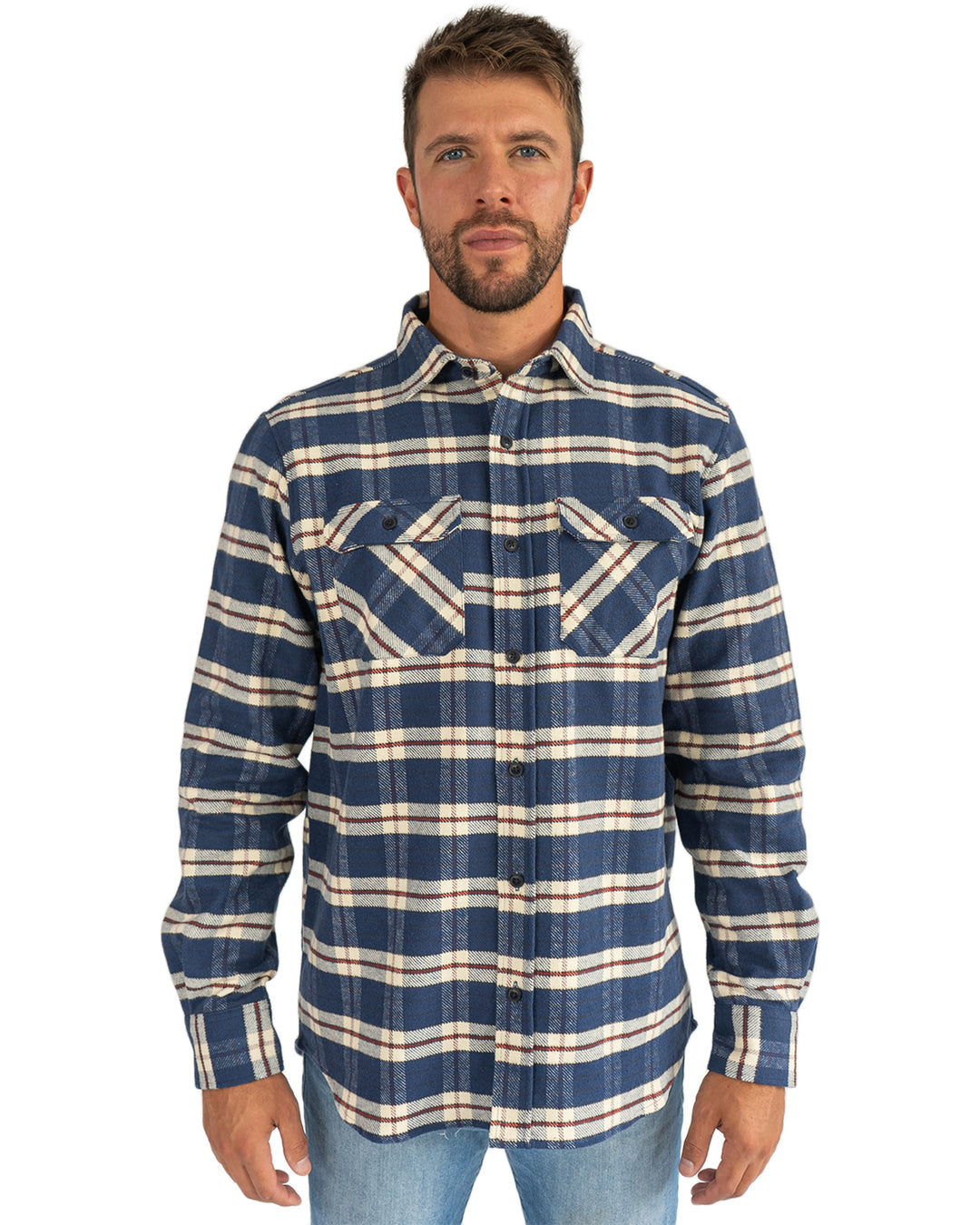 Grand Flannel in Navy Plaid, 100% Cotton Flannel Shirt for Men by MuskOx
