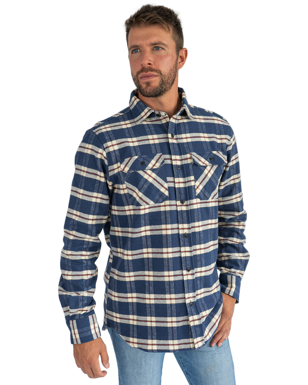 Grand Flannel in Navy Plaid, 100% Cotton Flannel Shirt for Men by MuskOx