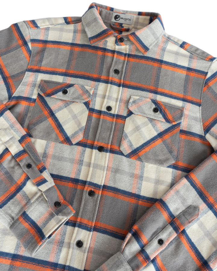 The Grand Flannel in Orange and Grey Plaid by MuskOx Flannels, 100% Heavyweight Cotton Flannel Shirt for Men