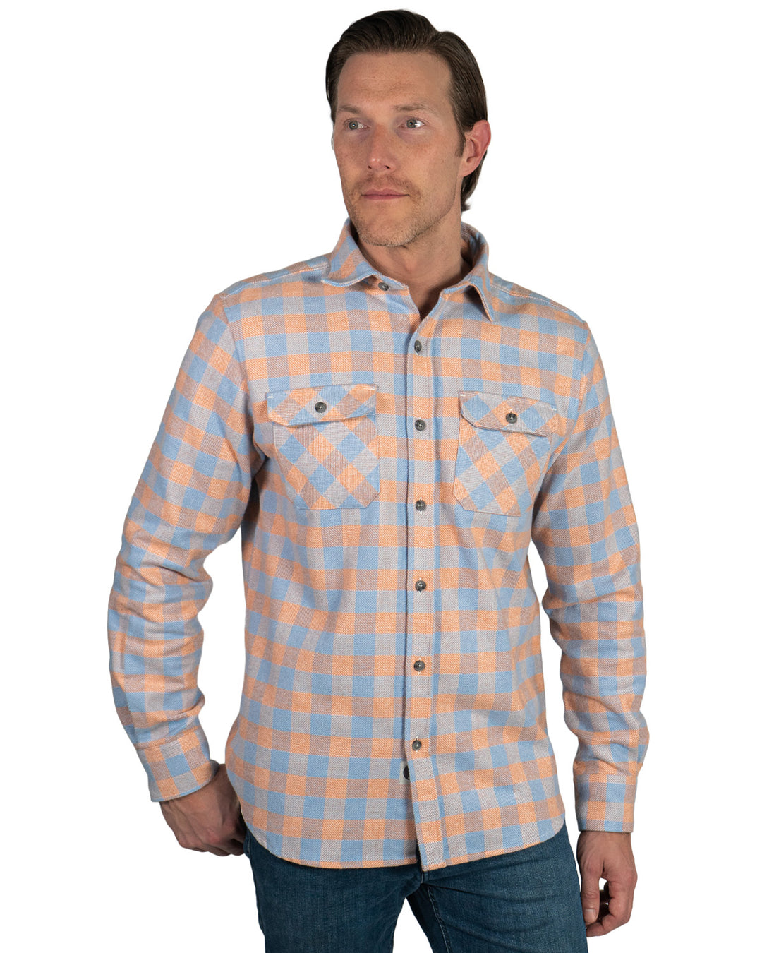 The Grand Flannel in Orange and Grey Plaid by MuskOx Flannels, 100% Heavyweight Cotton Flannel Shirt for Men