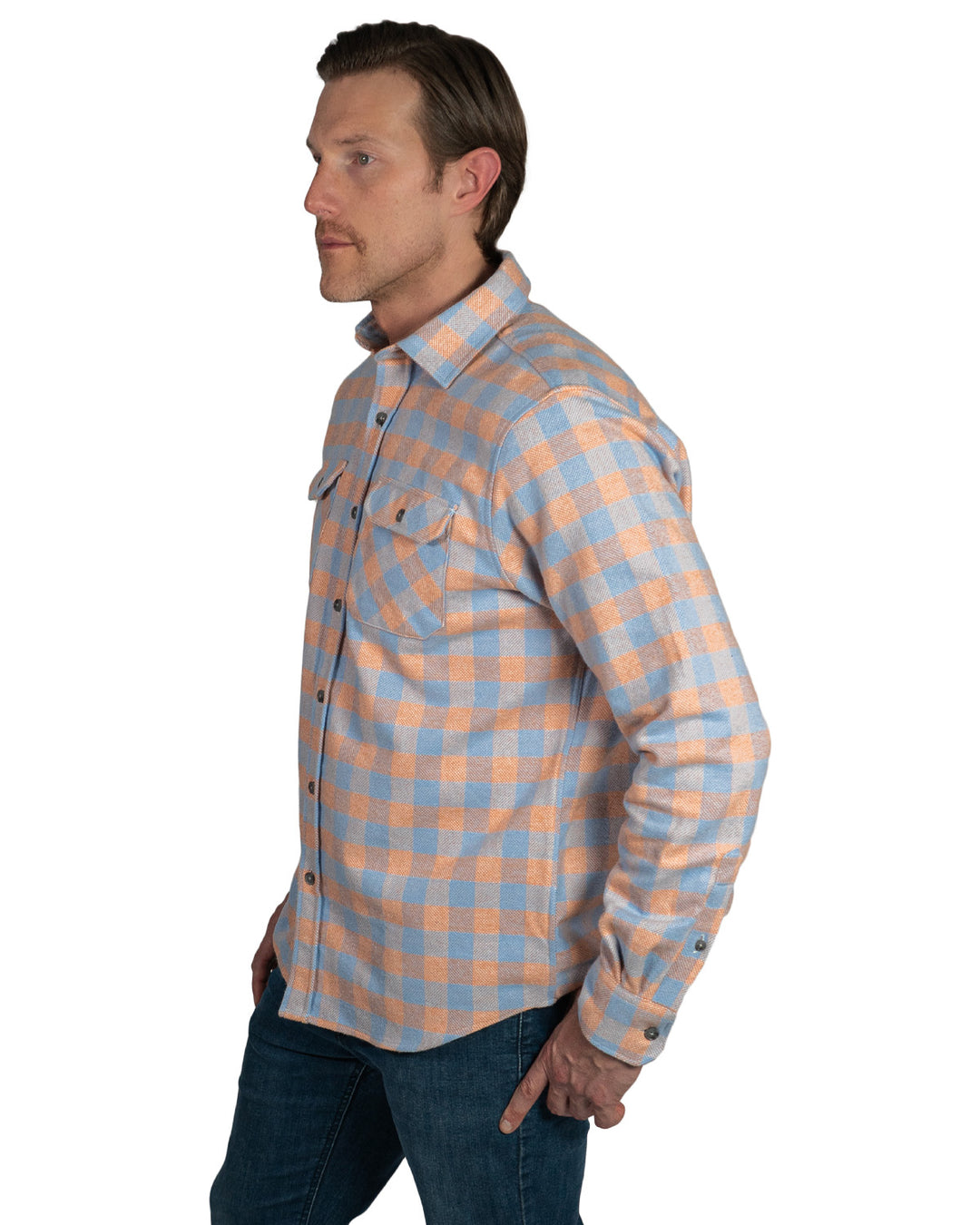 The Grand Flannel in Orange and Grey Plaid by MuskOx Flannels, 100% Heavyweight Cotton Flannel Shirt for Men