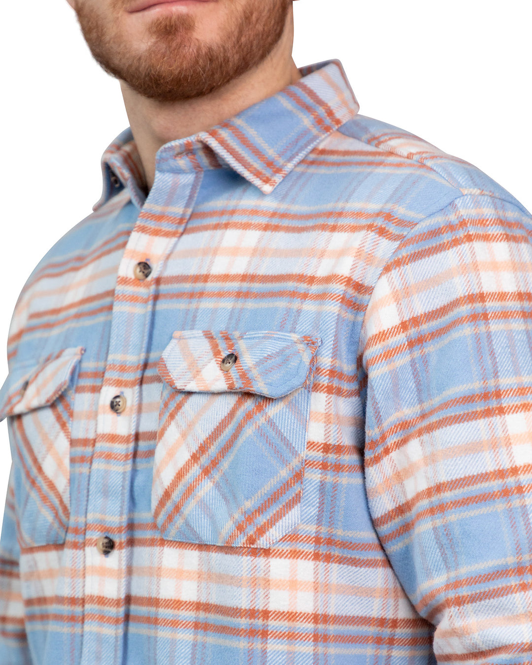 Grand Flannel Shirt for Men, 100% Cotton Heavyweight Flannel Shirt in Blue and Orange Plaid