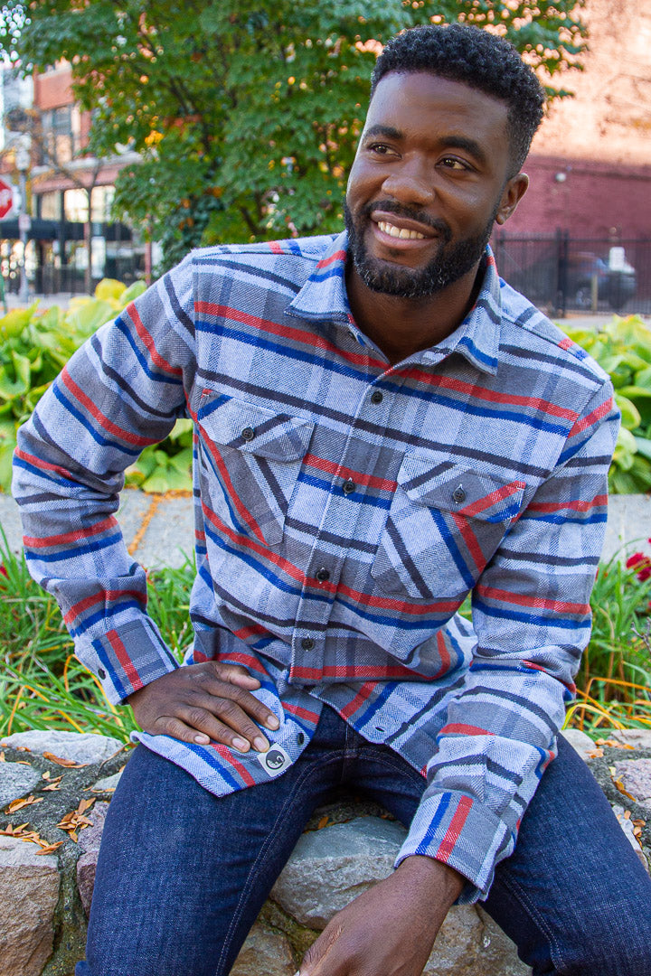 Grand Flannel in Dust Blue Plaid, 100% Cotton Flannel Shirt for Men by MuskOx