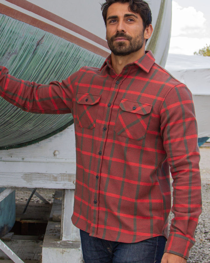 Field Grand Flannel in Red and Green, 100% Cotton Flannel Shirt for Men by MuskOx
