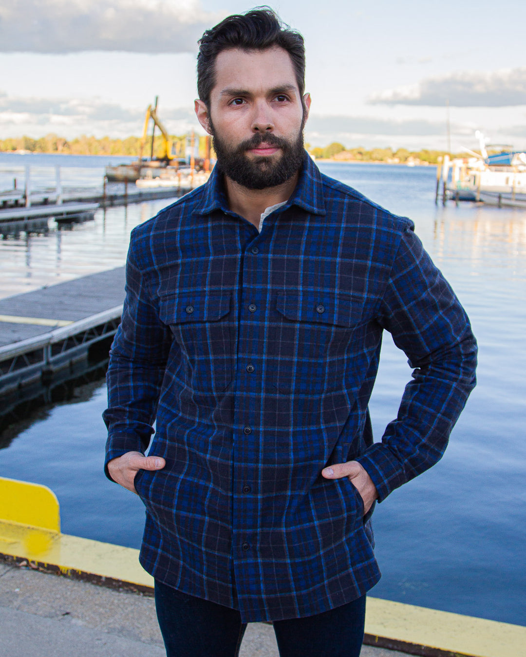 Classic Hooded Flannel Long Sleeve Woven Top - Navy/combo