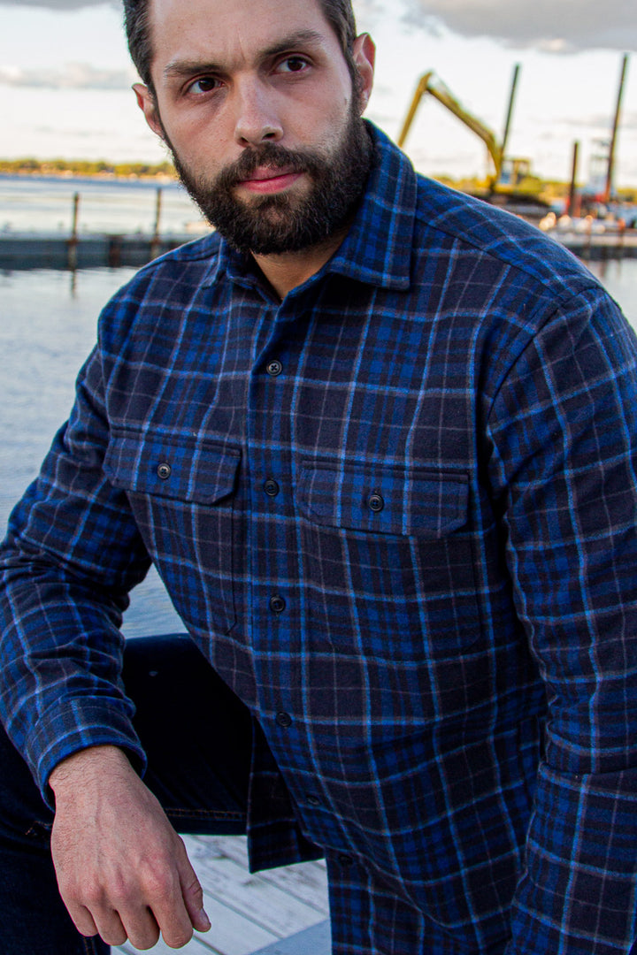 Yukon Flannel Shirt Jacket in Navy Plaid, 100% Cotton Flannel for Men by MuskOx Flannels