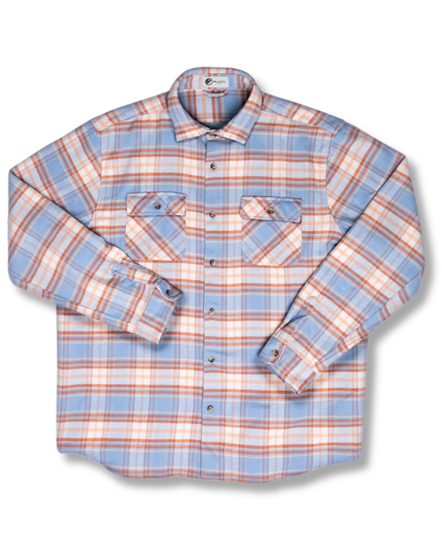 Relaxed Fitting Flannel Shirt for Men, 100% Heavyweight Cotton Shirt in Blue and Orange Plaid