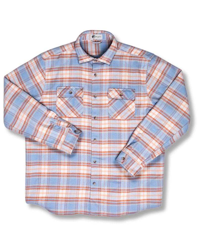 Relaxed Fitting Flannel Shirt for Men, 100% Heavyweight Cotton Shirt in Blue and Orange Plaid