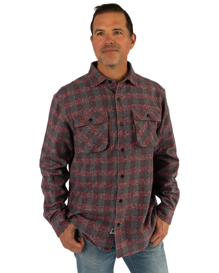 Relaxed fitting flannel shirt in burgundy for men by MuskOx Flannels, made with 100% heavyweight cotton