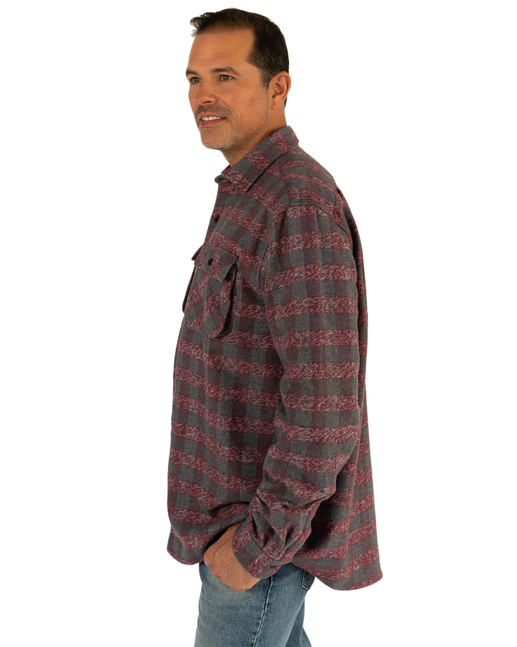 Relaxed fitting flannel shirt in burgundy for men by MuskOx Flannels, made with 100% heavyweight cotton