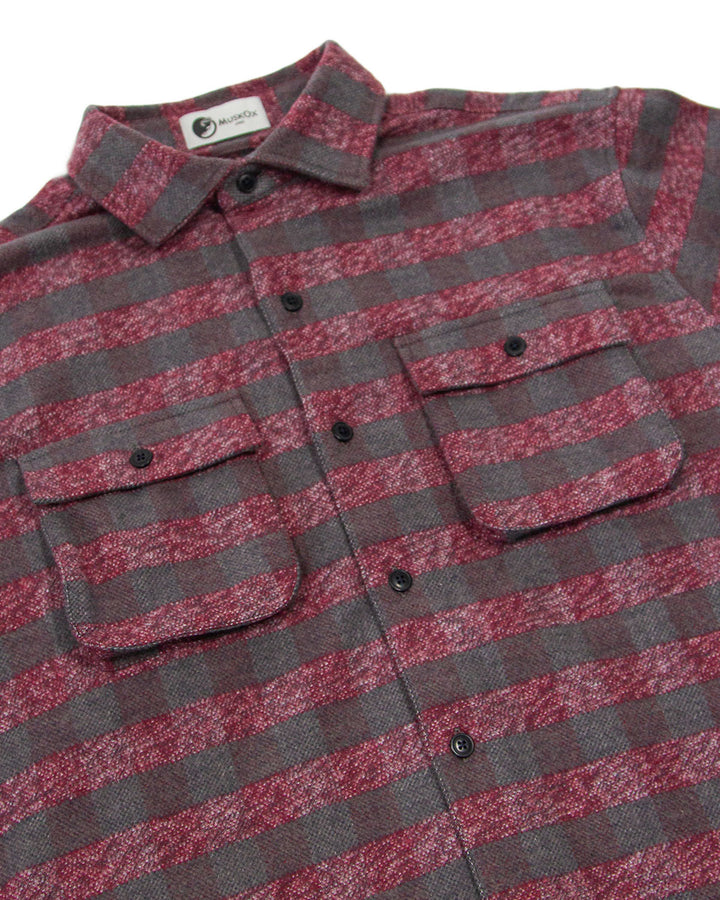 Relaxed fitting flannel shirt in burgundy for men by MuskOx Flannels, made with 100% heavyweight cotton