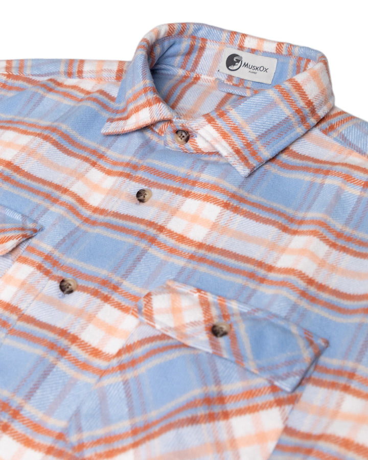 Relaxed Fitting Flannel Shirt for Men, 100% Heavyweight Cotton Shirt in Blue and Orange Plaid