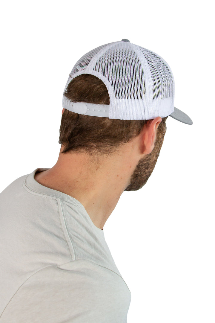 MuskOx Embroidered Trucker Hat in Grey and White, Embroidered in USA