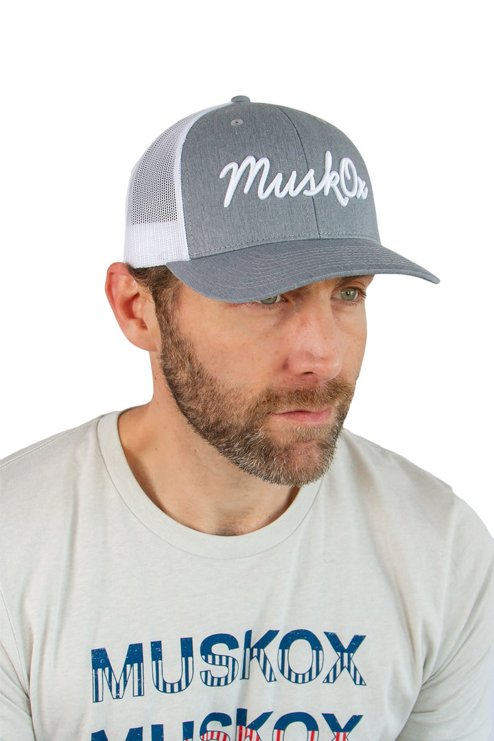 MuskOx Embroidered Trucker Hat in Grey and White, Embroidered in USA