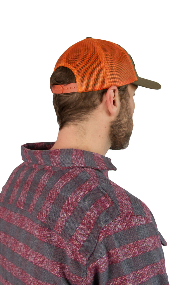 MuskOx Embroidered Trucker Hat in Orange and Green, Embroidered in USA