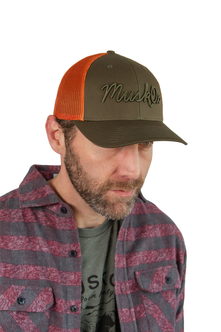 MuskOx Embroidered Trucker Hat in Orange and Green, Embroidered in USA
