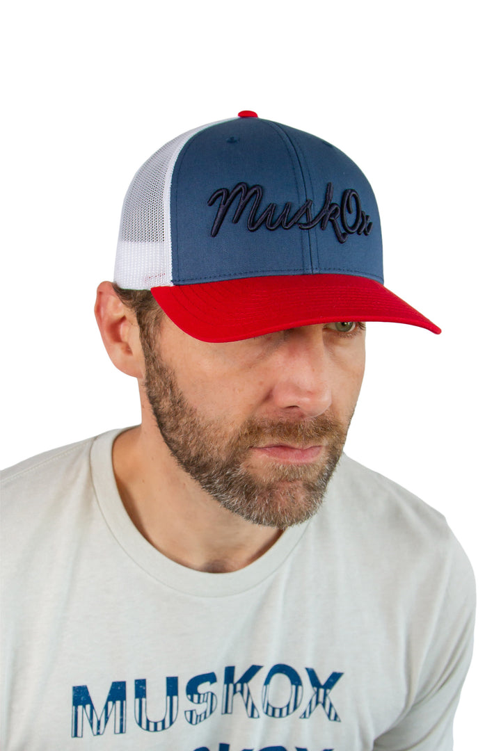 MuskOx Embroidered Trucker Hat in Red, Blue and White, Embroidered in USA